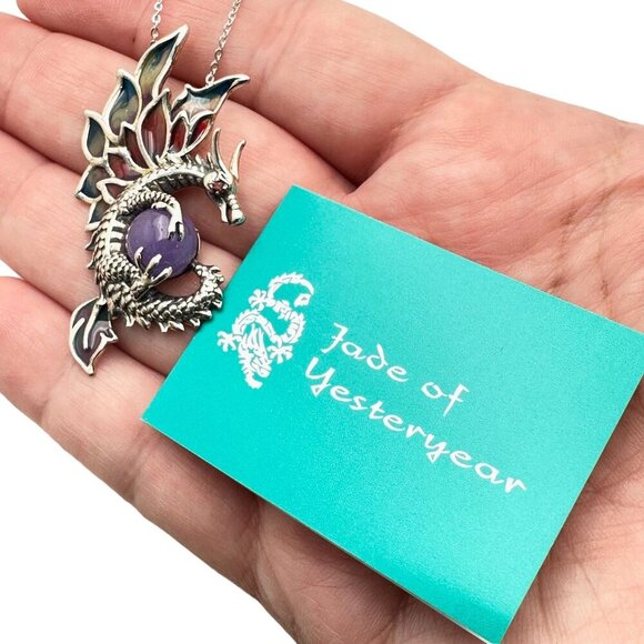 Jade of Yesteryear Womens Necklace Sterling Purple Jade Dragon Plique a Jour - Picture 2 of 5